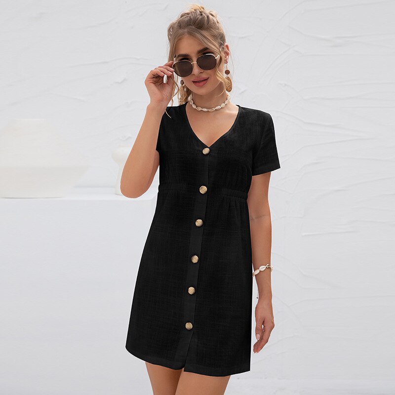 Summer 2021 New Knitted Dress Short-sleeved Solid Color Youth Girly Style V-neck Women's Cardigan High-waisted Breasted Dress