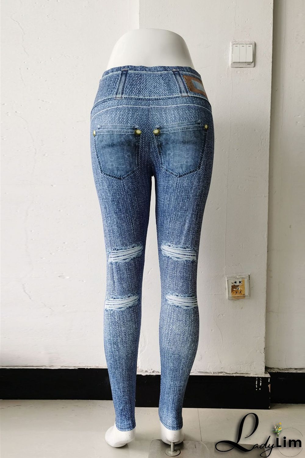 Blue Fashion Casual Sportswear Print Split Joint Skinny High Waist Pencil Trousers