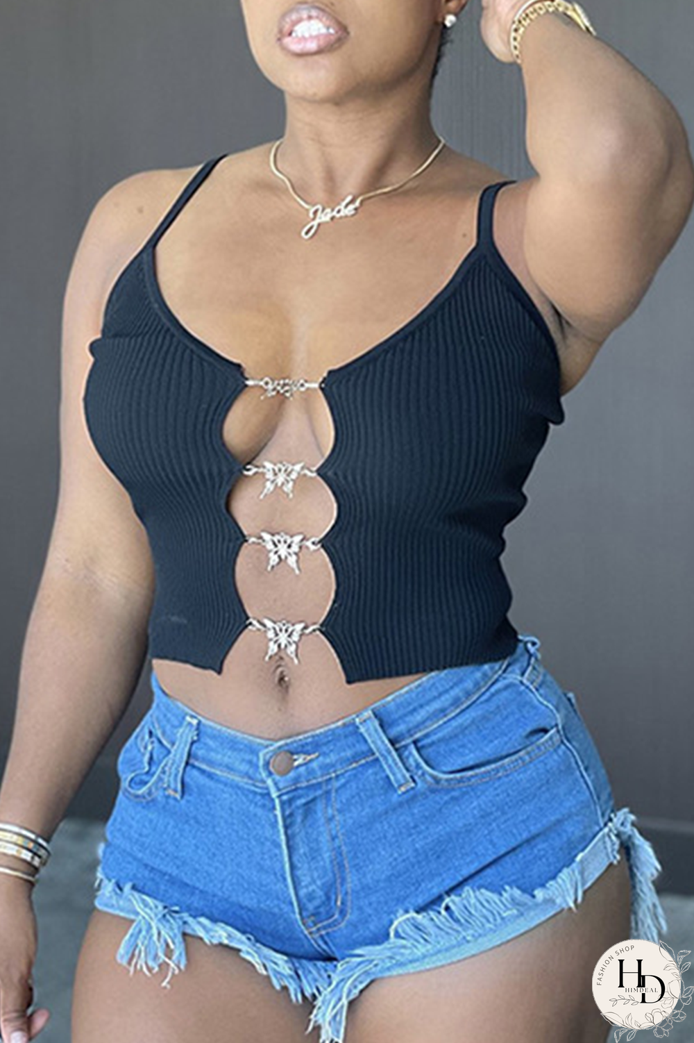 Light Blue Sexy Print Hollowed Out Spaghetti Strap Tops