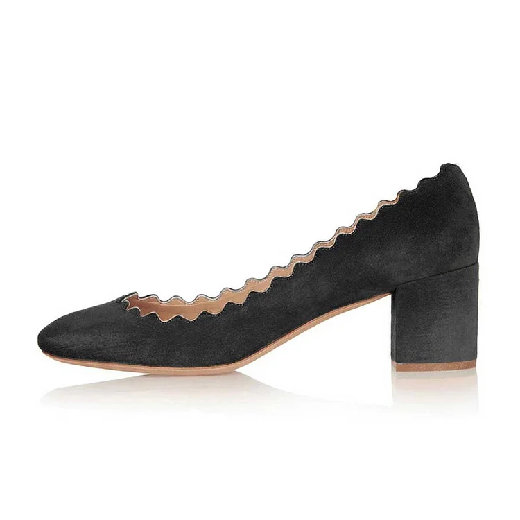 Black Curve Chunky Heels Comfortable Flats Almond Toe Commuting Shoes |FSJ Shoes