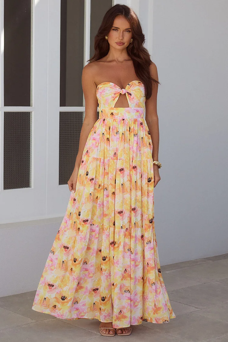 Strapless Cutout Floral Print A-Line Maxi Dresses-Yellow [Pre Order]