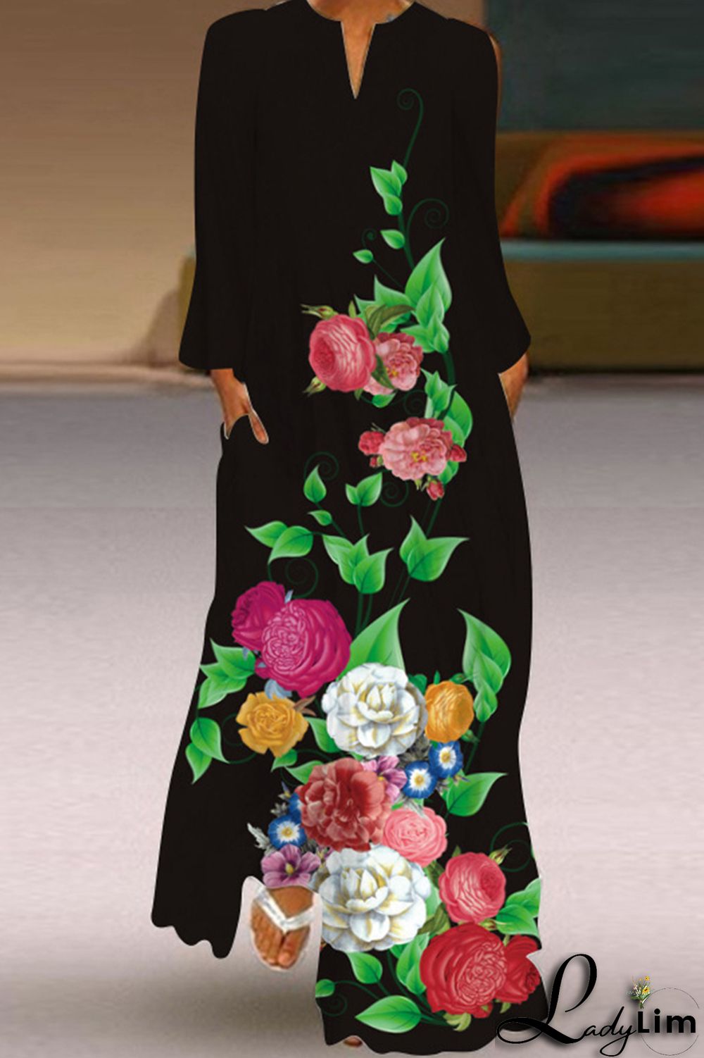 Black Fashion Casual Print Patchwork V Neck Long Sleeve Dresses