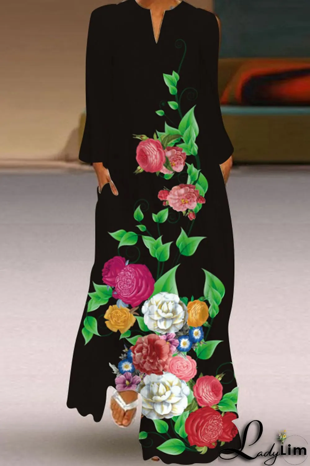 Black Fashion Casual Print Patchwork V Neck Long Sleeve Dresses