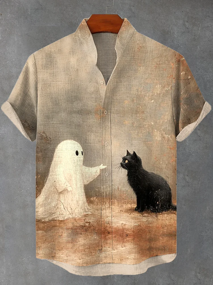 Men's Ghost And Black Cat Playing Oil Painting Print Short Sleeve Casual Shirt