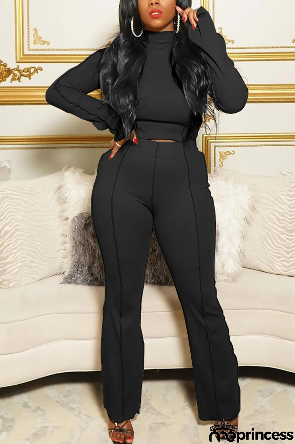 Army Green Casual Solid Flounce Half A Turtleneck Long Sleeve Two Pieces