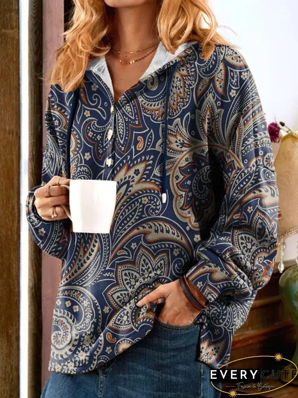 Button Decorated Printed Top With Hat