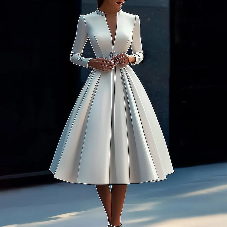 Ursime Deep V Neck Long Sleeve Pleated Tunic Midi Dress