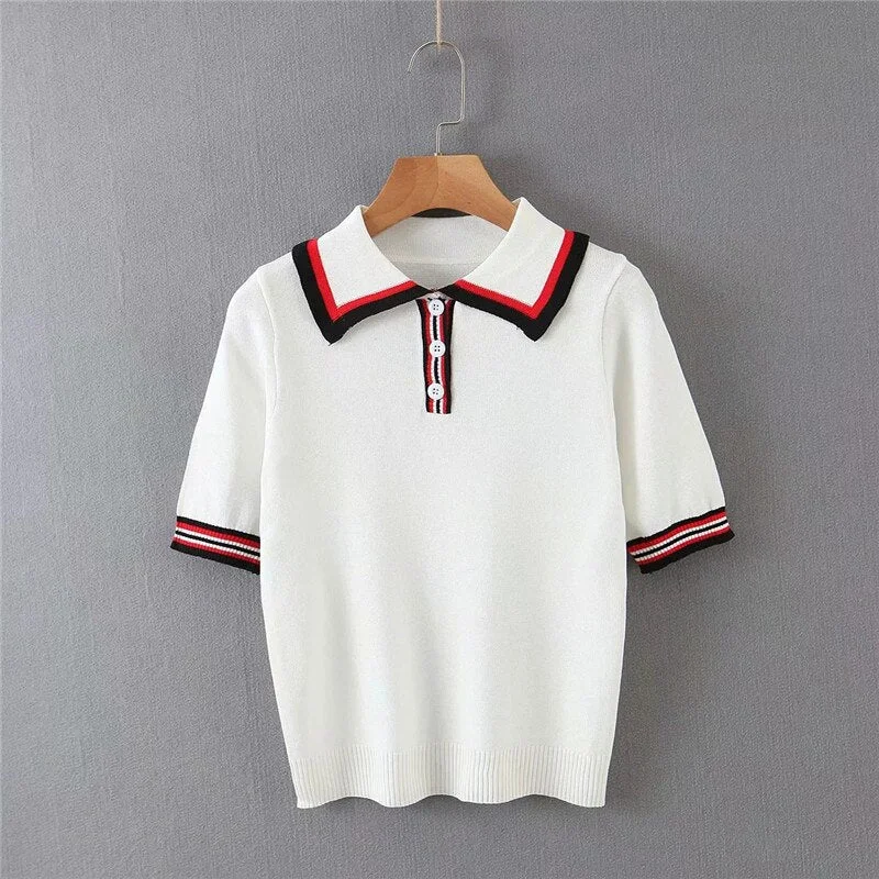 Women Casual Striped White Knitted Tshirt 2020 Spring-Summer Short Sleeve Turn-Down Collar Tops Women Fashion T-shirts