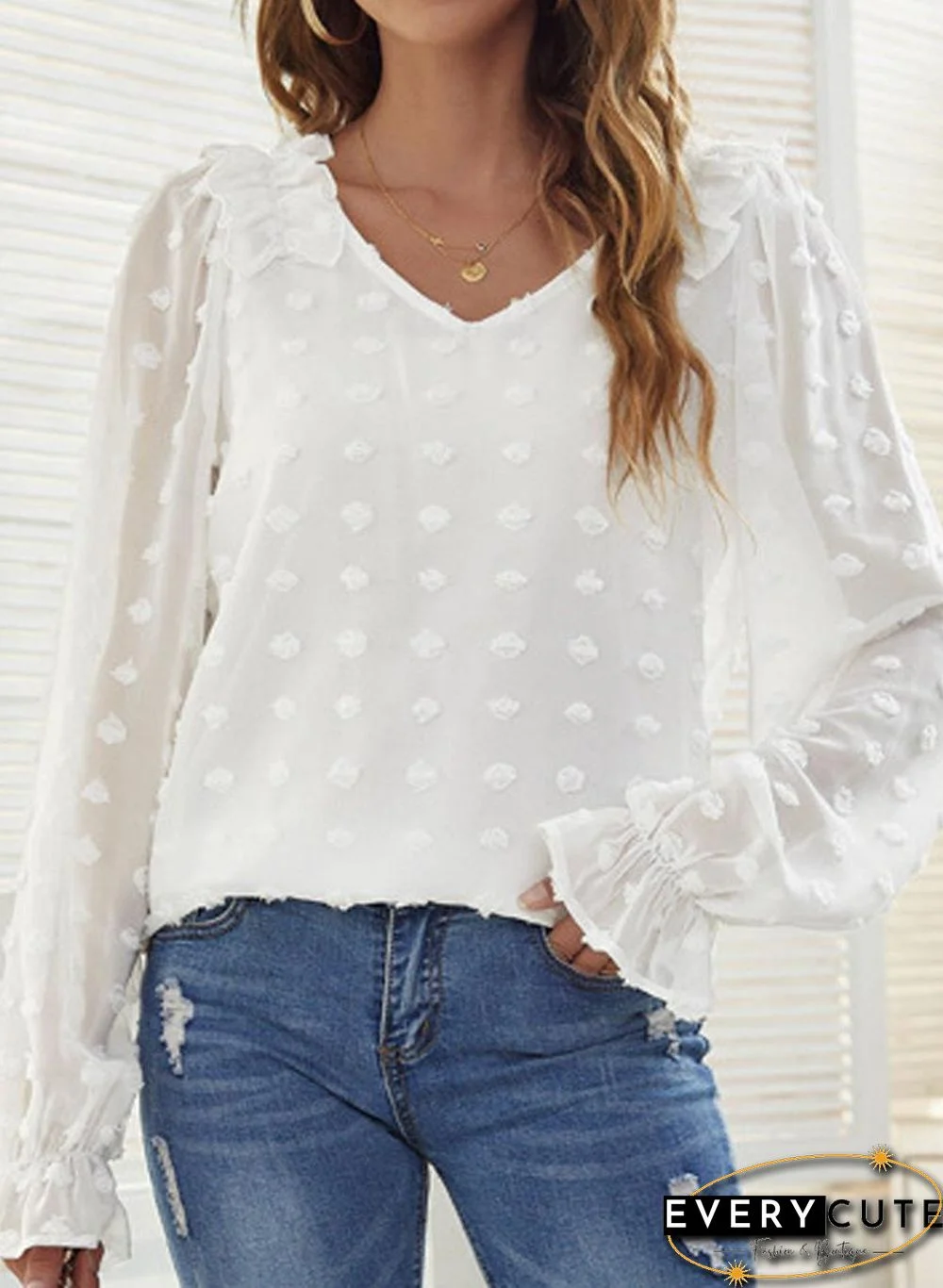 Casual Solid Color Long Sleeve V-Neck Blouse