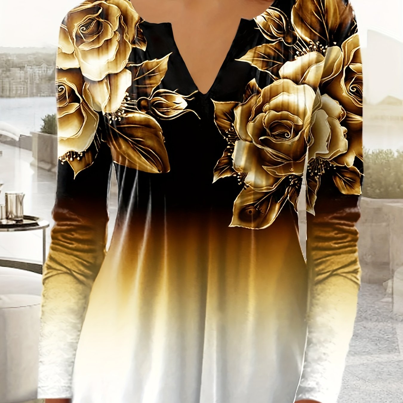 Floral Print Notch Neck T-Shirt, Casual Long Sleeve Top For Spring & Fall, Women's Clothing