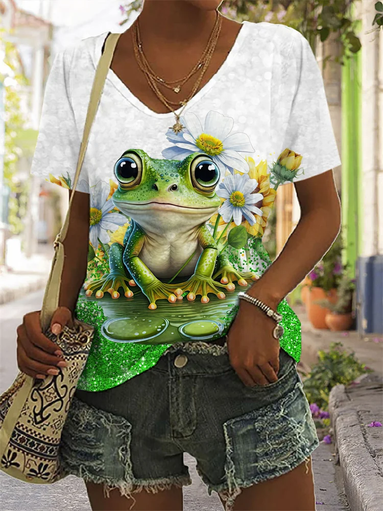 Comstylish Lovely Frog Inspired V Neck Comfy T Shirt