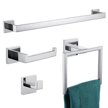 Bathroom Accessories Set Robe Hook Towel Ring Toilet Roll Holder Chrome  Square