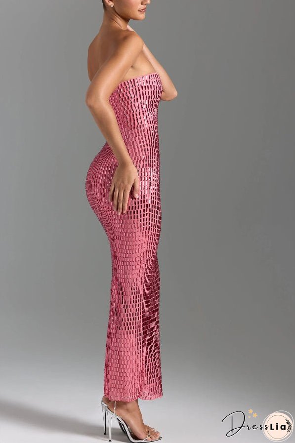 Flash Sculpture Rhinestone Embellished Bandeau Slit Stretch Maxi Dress