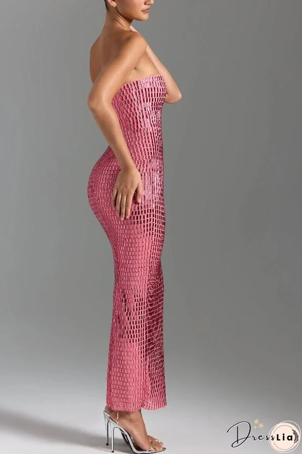 Flash Sculpture Rhinestone Embellished Bandeau Slit Stretch Maxi Dress