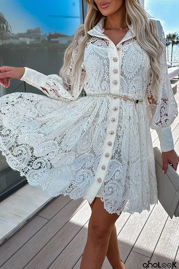 Lace Hollow Button Long Sleeve Mini Dress