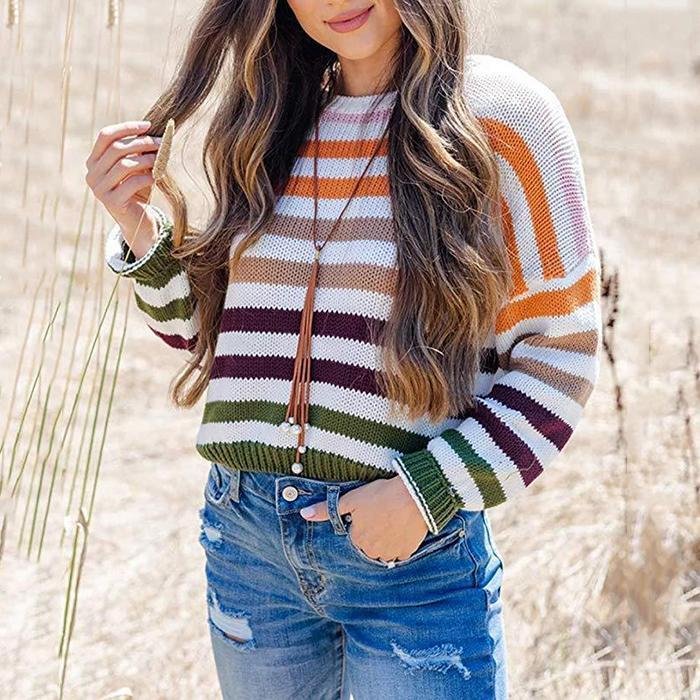 Comstylish Casual Rainbow Striped Long-Sleeved Sweater