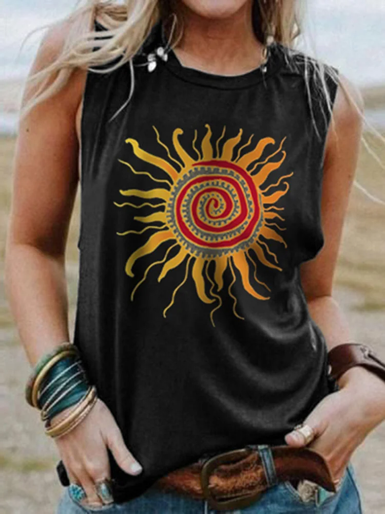 Vintage Crew Neck Sun Print Sleeveless Tank Top