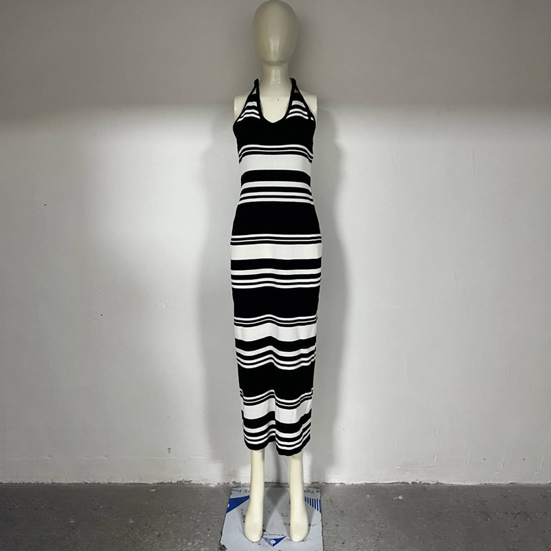 Ootddress Striped Knit Bandage Dress Female Backless Casual Beach Holiday V-Neck Slim High Waist Contrast Maxi Dress Women Clothes