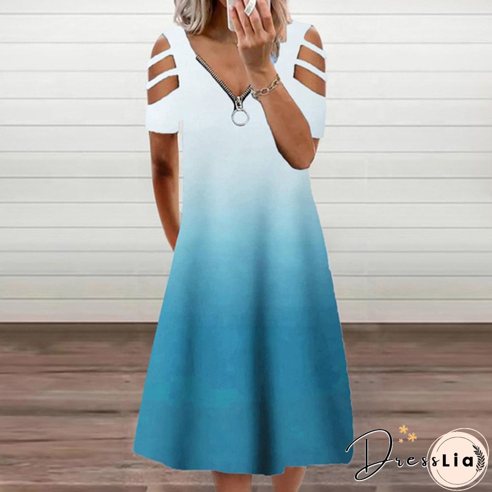 Xs-5Xl Summer New Casual Short-Sleeved Zipper V-Neck Dress Women's Loose Plus Size Dress Fashion Long Skirt