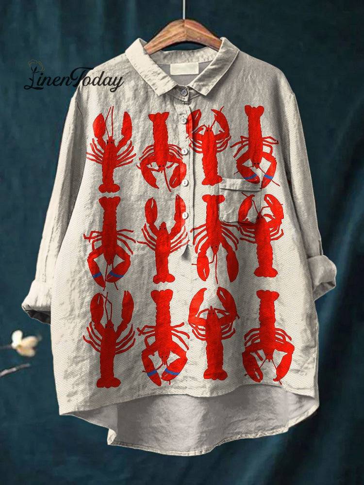 Women’s Vintage Lobster Pattern Art Print Casual Cotton And Linen Shirt Multicolor / S