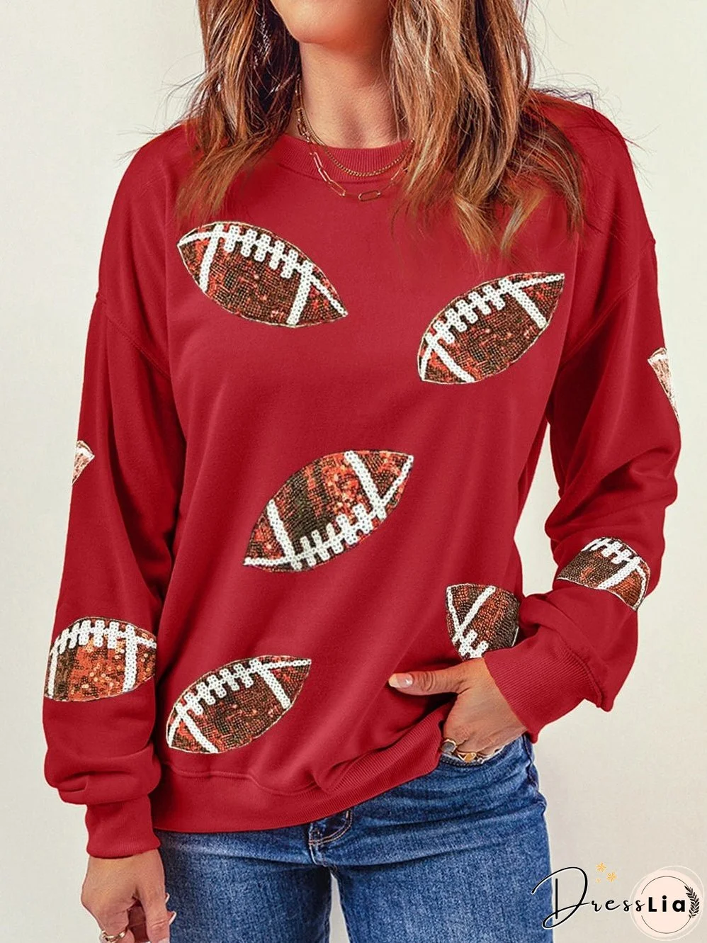 Fiery Crimson Sparkling Rugby Print Oversized Sweatshirt