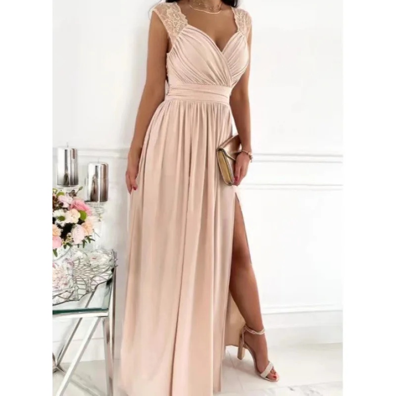 Lace Backless Split Long Sleeveless Women's Dress V-neck Ankle-length Polyester Independent Station Wish Female Clothing