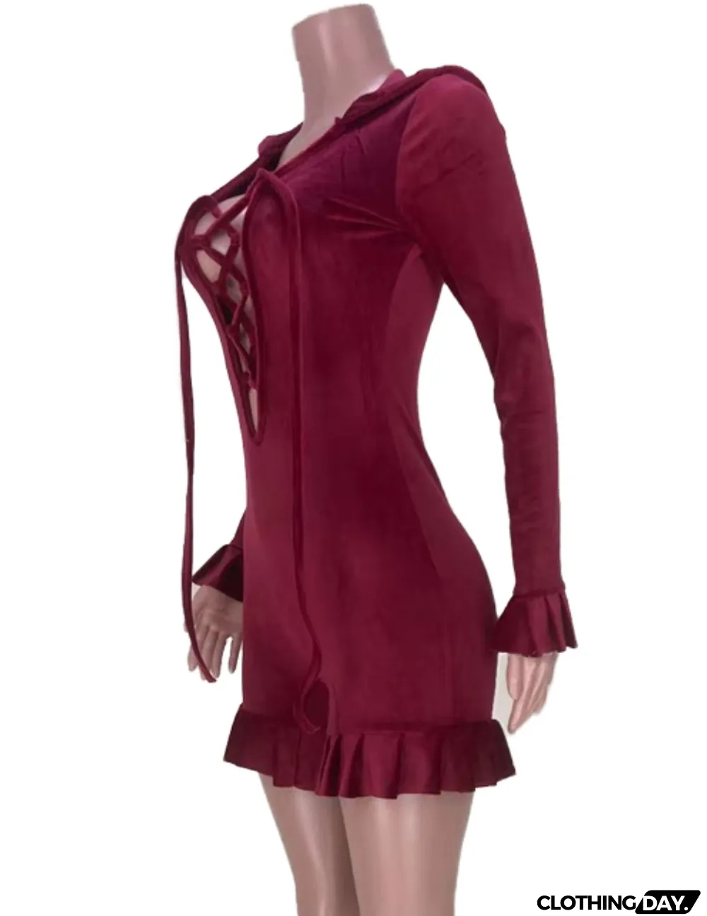 Sexy Red Velvet Plunge Lace-Up Neck Ruffled Long Sleeve Romper