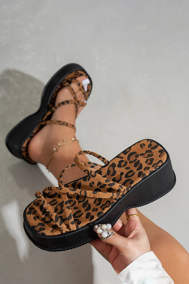 Leopard Pattern Cross Strap Square Toe Wedge Slippers