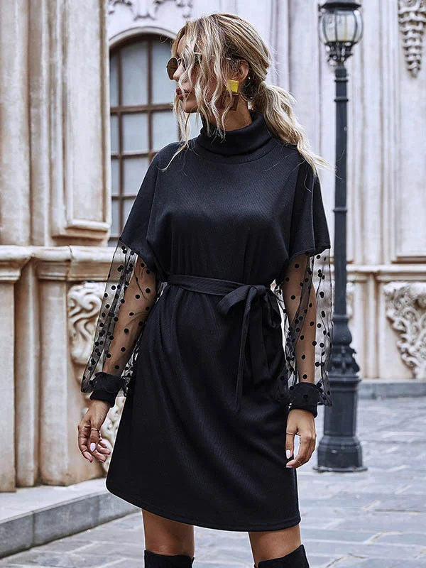  Stylish Black Split-Joint Gauze Dress