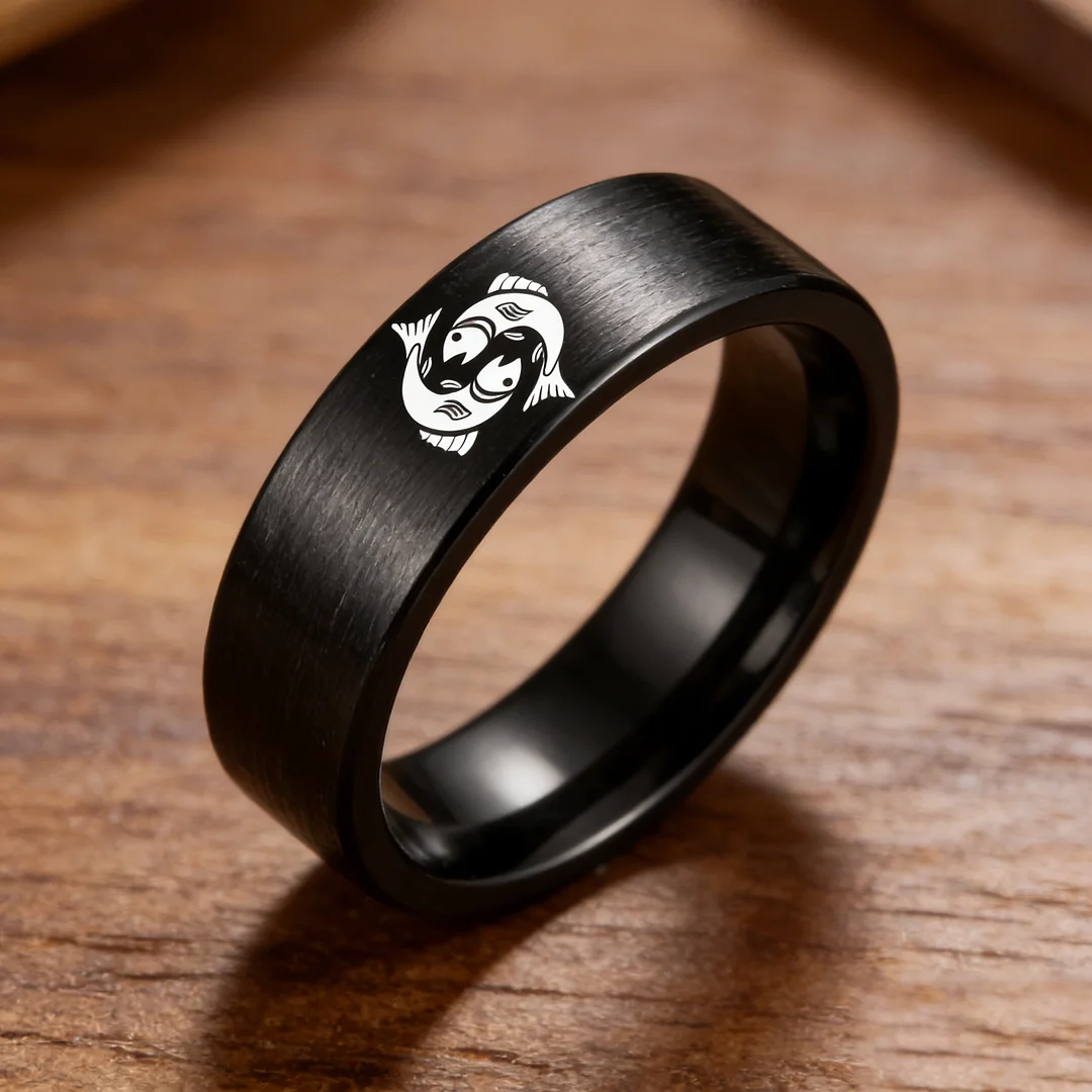 Pisces Tungsten Carbide Rings Black Flat Wedding Bands Comfort Fit Mens and Womens 4MM 6MM 8MM Width