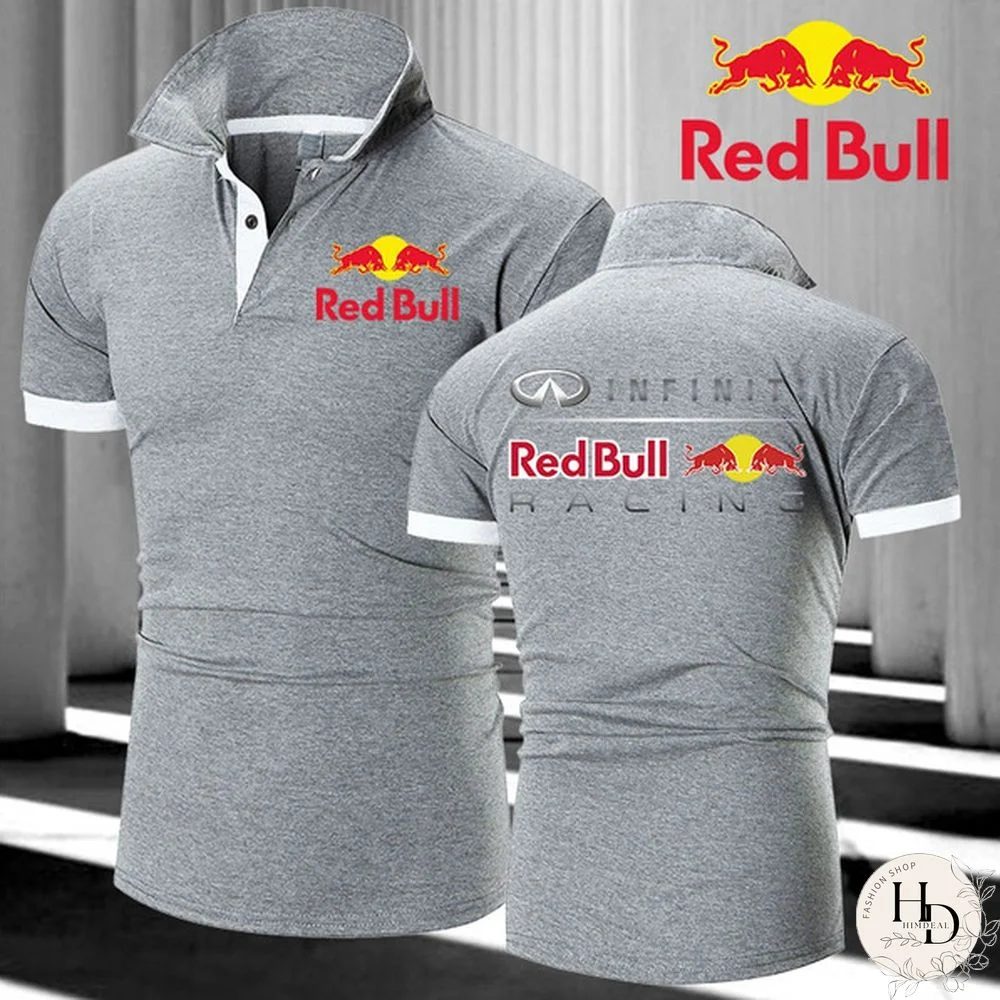 High Quality RedBullFashion Men's Stand Collar T-shirt Printing Personality Slim Fit Short Sleeved Shirt Sports Casual Polo Shirt