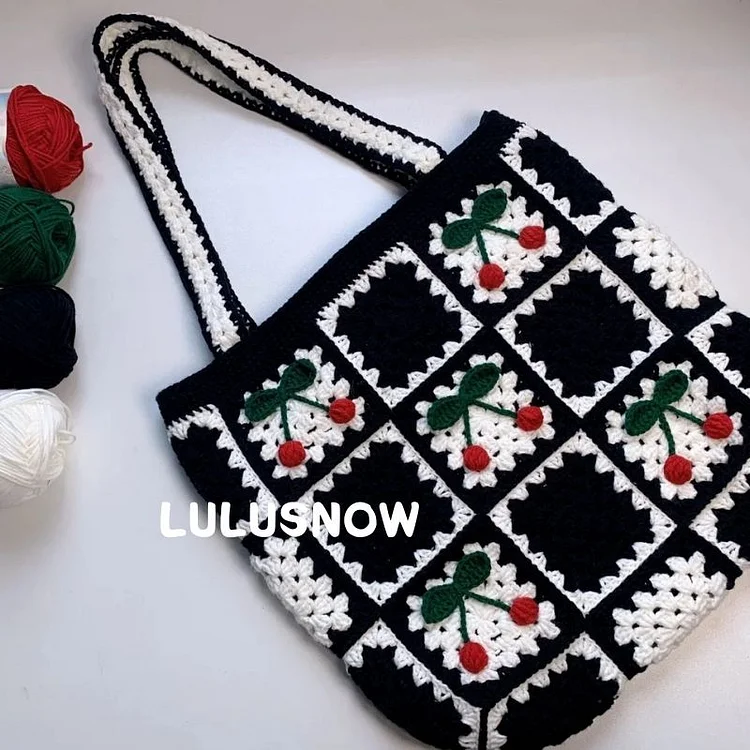 Lulusnow Handmade Classic Black White Cherry Granny Square Crochet Tote Bag Shoulder Bag 