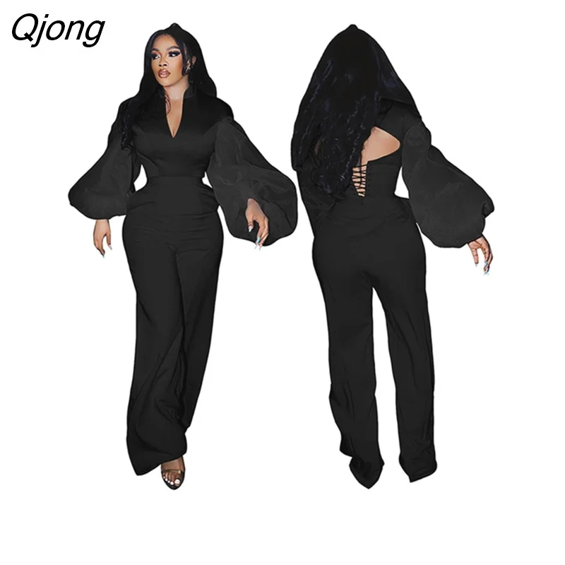 Qjong Women's Elegant Gauze Lantern Sleeve Bandage Tops Pants Two Piece Set 2023 Lady Fashion Backless Blouse Wide Leg Trousers Suits