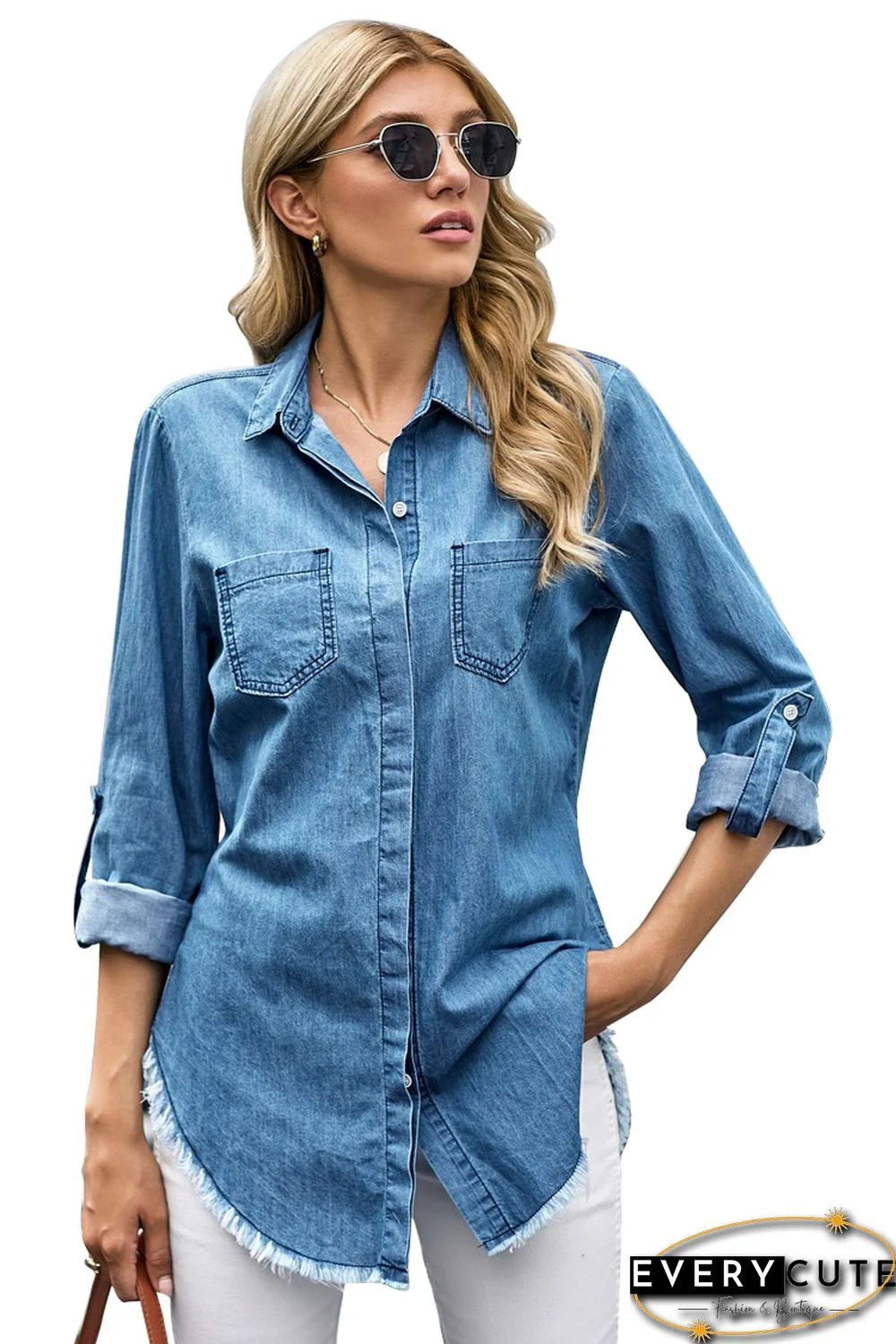 Roll up Long Sleeves Frayed Hem Denim Shirt