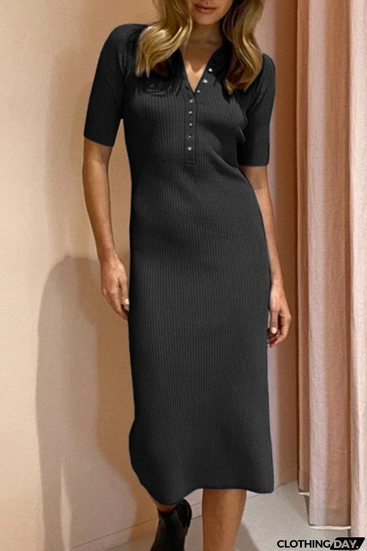 Elegant Solid Buckle Turndown Collar One Step Skirt Dresses