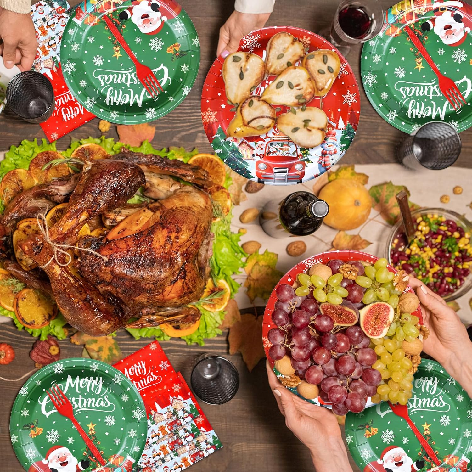 Tegooe 100-Piece Disposable Christmas Tableware Set Serves 25 Guests Paper Plates Napkins