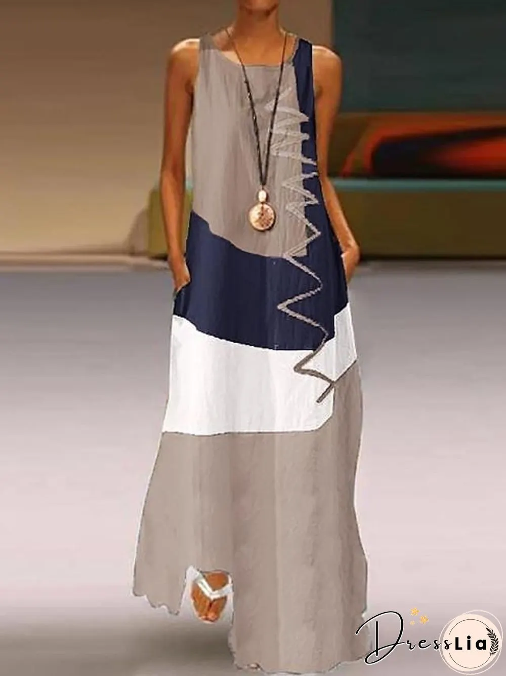 Womens Maxi Dress With V-neck Long Sleeveless Color Block Patchwork Summer Plus Size