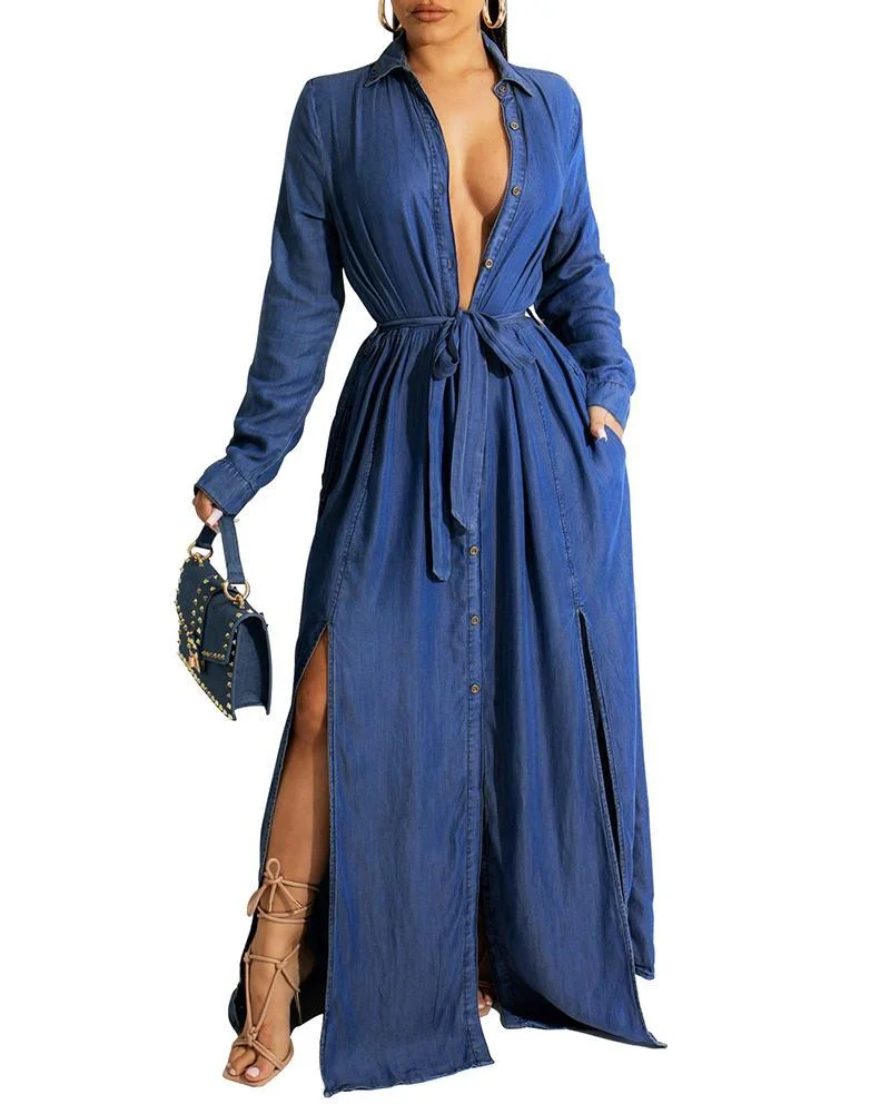 Casual high slit denim dress