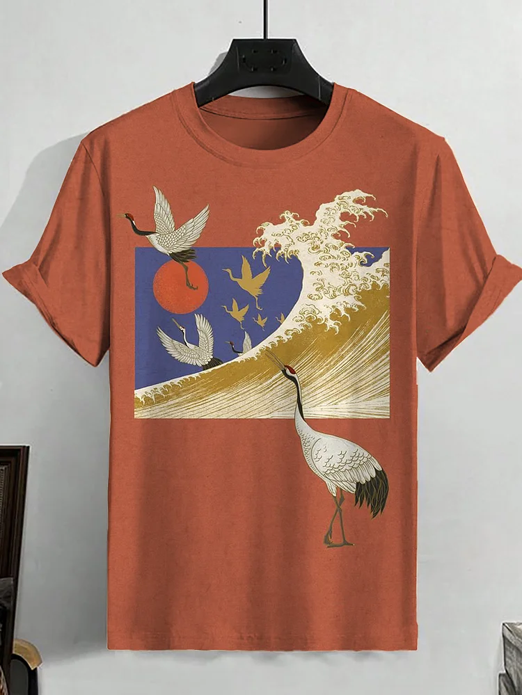 Men's Crane Waves Art Painting Graphic Print Vintage T-Shirt