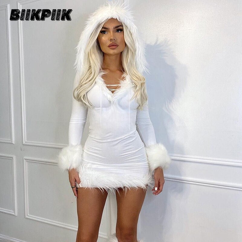 BIIKPIIK Solid Drawstring Women MIni Dress Hoodied Hollow Out Sexy Bodycon Clubwear Autumn Shaggy Dresses Casual Clothes