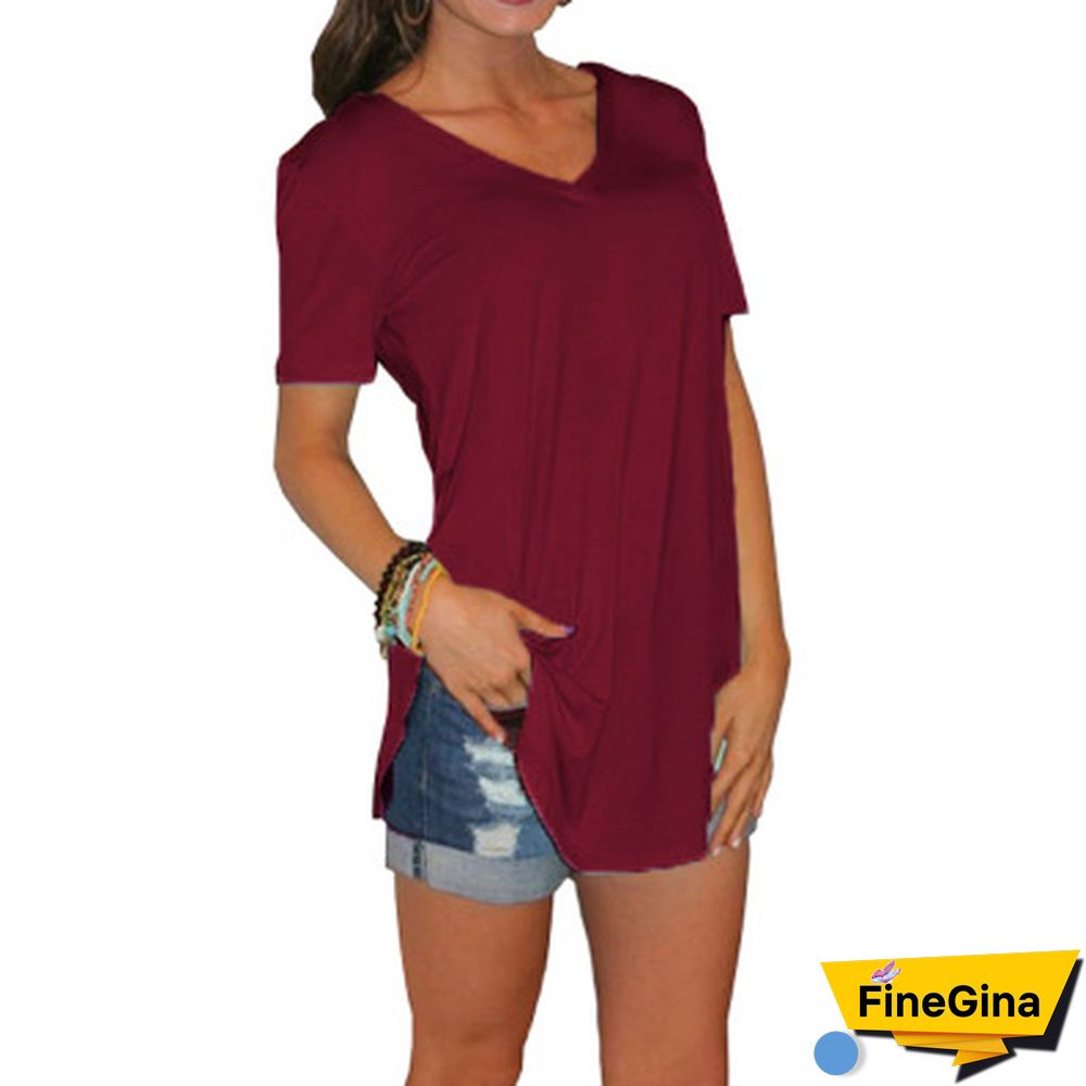 Women's T-shirt Summer Basic Long T Shirt Top Women Solid V Neck Short Sleeve Long Casual Women Loose Tee Shirt Femme