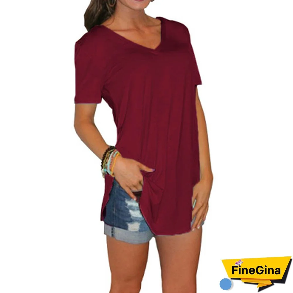 Women's T-shirt Summer Basic Long T Shirt Top Women Solid V Neck Short Sleeve Long Casual Women Loose Tee Shirt Femme
