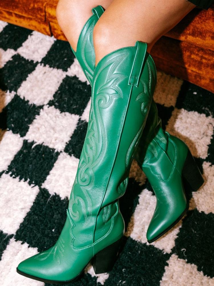 Green Stitch Pointed Toe Slanted Block High Heel Western Mid Calf Boots