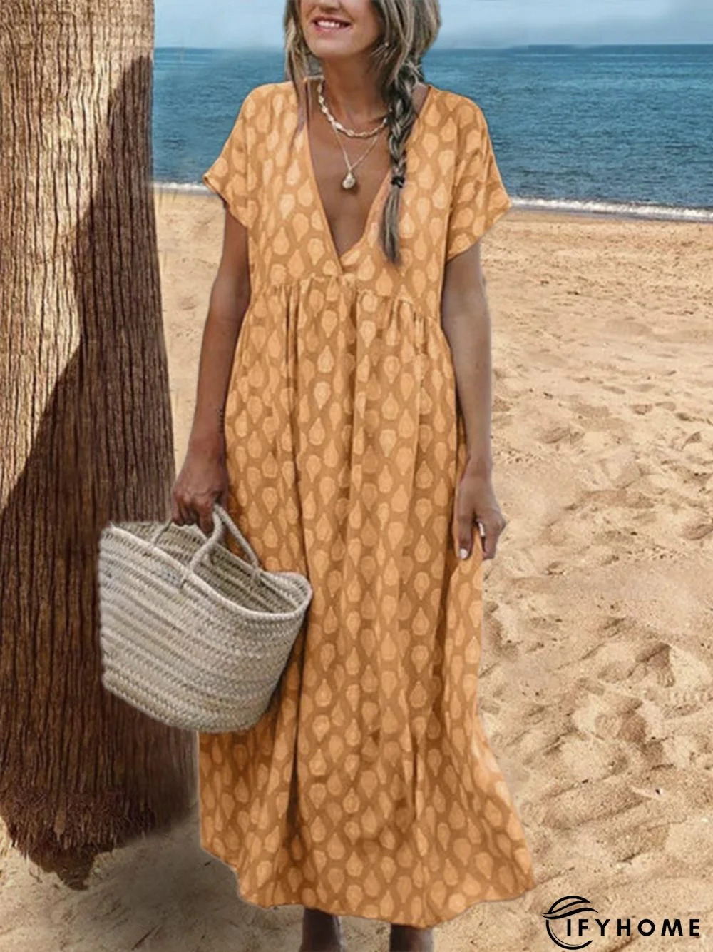 Women Plus Size Casual V Neck Short Sleeve Printed Floral Weaving Dress | IFYHOME