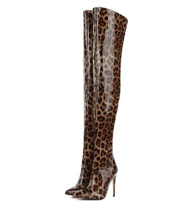 VCSHOES Women Shoes Patent Leather Leopard Print Over The Knee Stiletto Street Outdoor Nightclub Boots 44