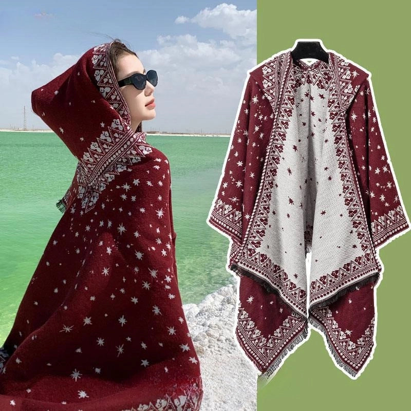 Ethnic Style Hooded Cape Women’s Yunnan Tibet Western Sichuan Grassland Bohemia Travel Wear Scarf Coat