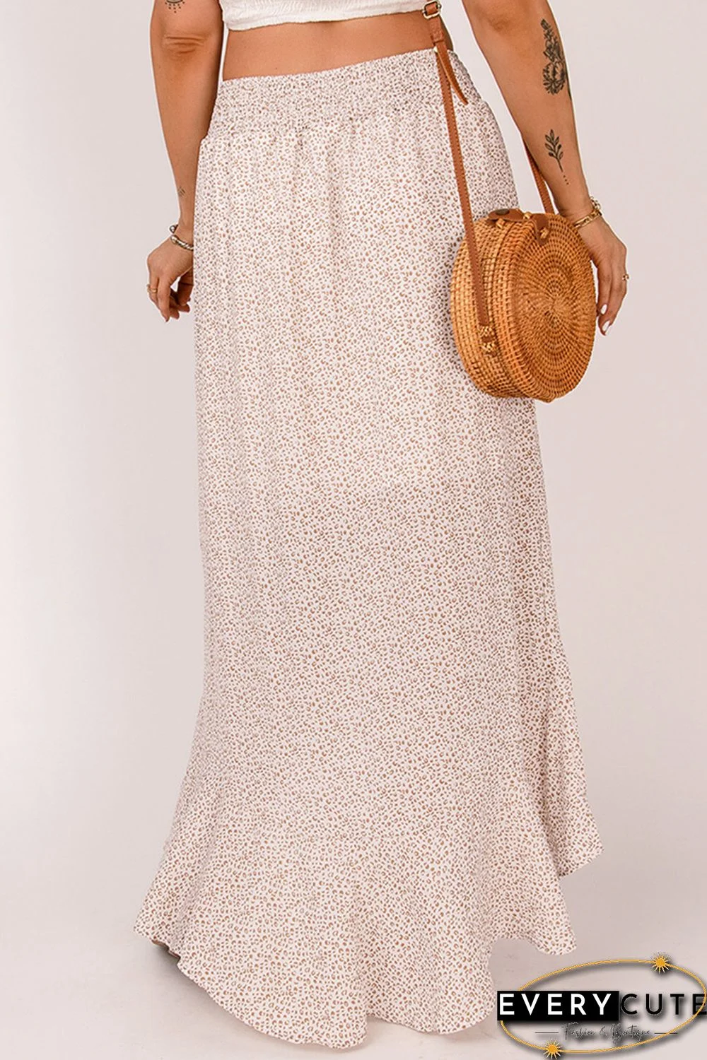 Leopard Floral Print Buttons Flounce Side Slit High Waist Maxi Skirts