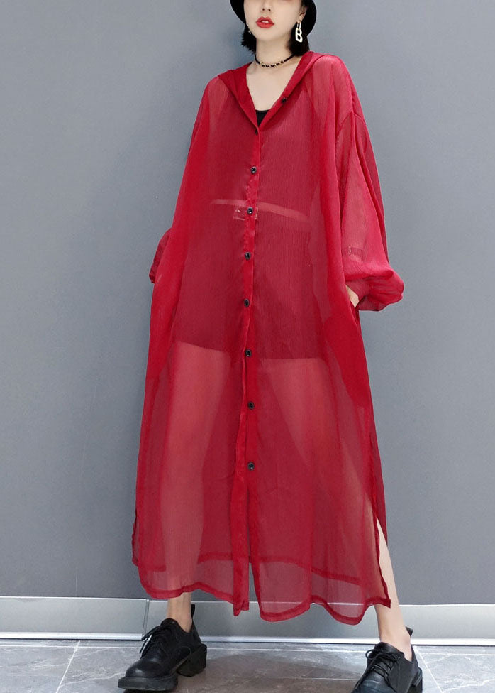 VCSHOES Red Hooded Hollow Out Chiffon Long Cardigans Summer