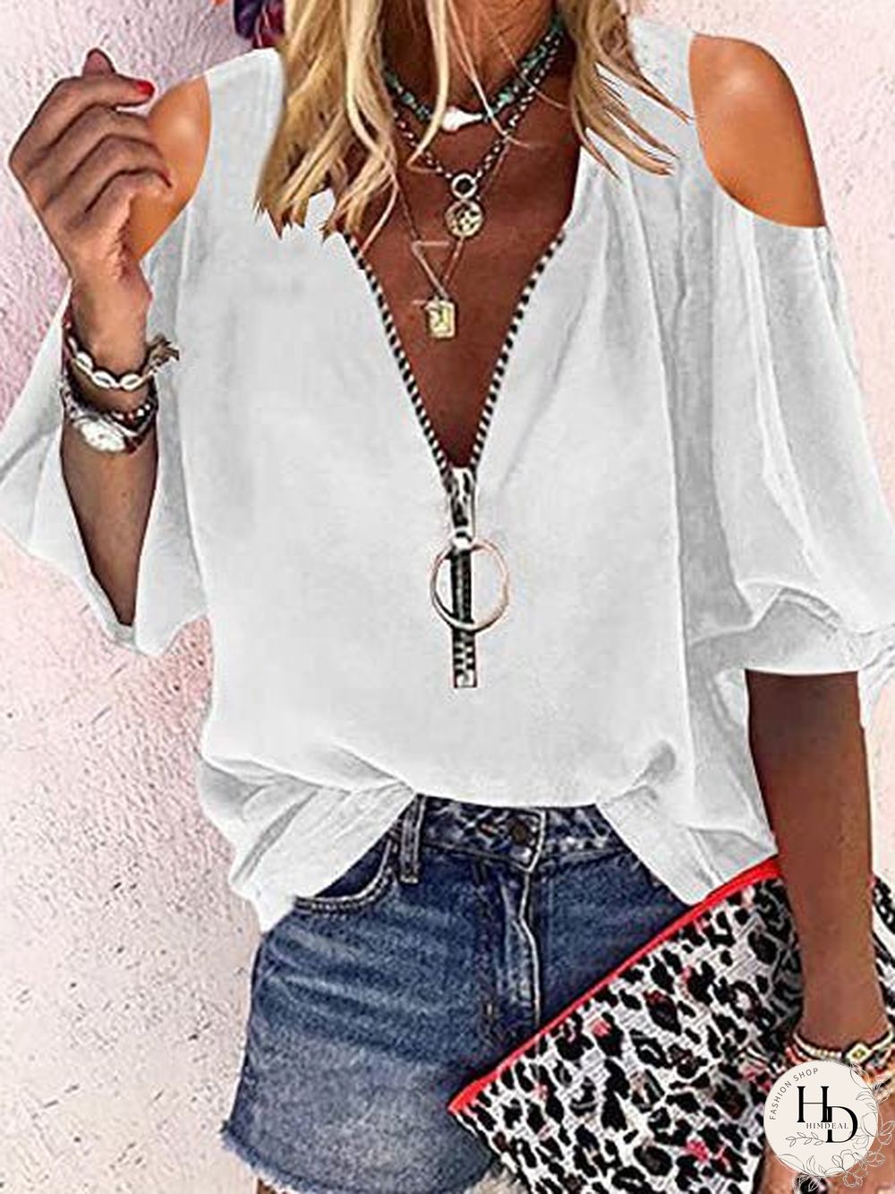 Women'S Blouses V-Neck Zip Off-Shoulder Long Sleeve Blouse