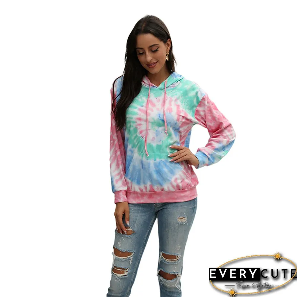 Pink Tie Dye Print Long Sleeve Drawstring Hoodie